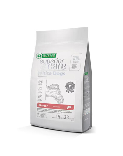 NATURES PROTECTION Superior Care White Dogs Grain Free Salmon Starter All Breeds 1,5 kg ar lasi kucēniem ar baltu kažoku