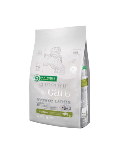 NATURES PROTECTION Superior Care White Dogs Grain Free White Fish Junior Small and Mini Breeds 1,5 kg ar baltām zivīm mazu šķirņu kucēniem ar baltu kažoku