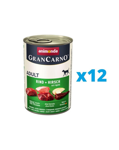 GranCarno komplekts ar liellopa gaļu, briežu gaļu un āboliem 12 x 400 g