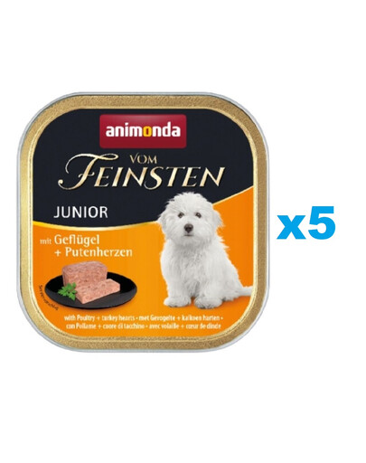 ANIMONDA Vom Feinsten Junior komplekts ar mājputnu gaļu un tītaru sirdīm, 5 x 150 g