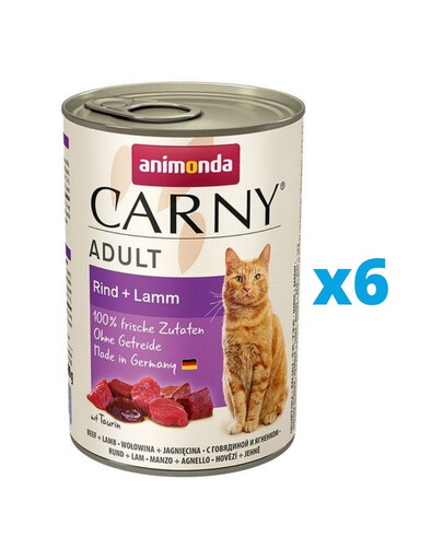 ANIMONDA Carny pieaugušajiem kaķiem liellopu un jēra gaļas komplekts 6 x 400 g