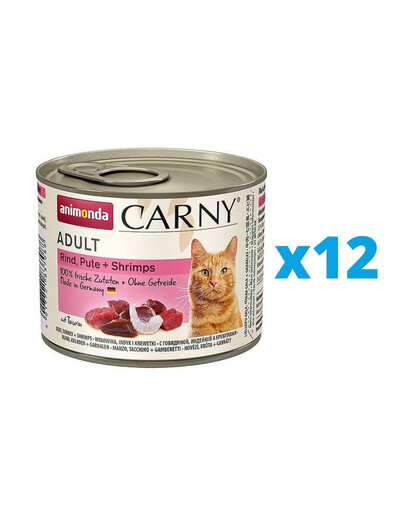 ANIMONDA Carny pieaugušiem kaķiem Liellopu gaļa ar tītaru un garnelēm 12 x 200 g