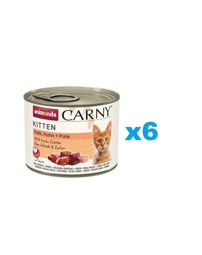 ANIMONDA Carny Kitten Veal&Chicken&Turkey 6x200 g teļa, vistas un tītara gaļa kaķēniem.