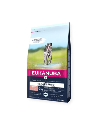 EUKANUBA Grain Free Senior Large Ocean Fish 3 kg ar okeāna zivīm bagāts produkts vecākiem lielo šķirņu suņiem