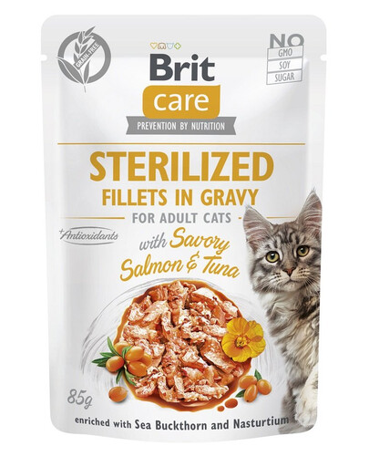 BRIT CARE Fillets in Gravy Pouch Sterilized Savory Salmon&Tuna 24x85g ar lasi un tunci sterilizētiem kaķiem