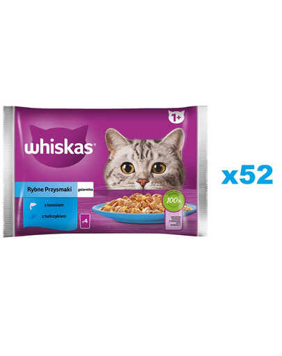 WHISKAS Adult paciņa 52x85g Fish Delicacies mitrā barība pieaugušiem kaķiem želejā ar: ar laša, tunci, lasi