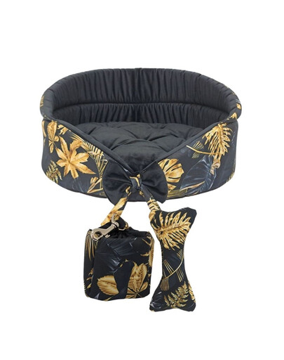 FERA Zelta suņu gulta ar loku, ovāla XS + Spaudžu maisiņš + Suņa plīša kauls 20x9 cm