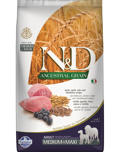 FARMINA N&D Ancestral Grain Dog Adult Lamb, Spelt, Oats, Blueberry 2,5 kg