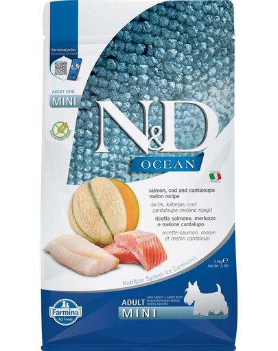 FARMINA N&D Ocean Dog Adult Mini salmon, cod & canatloupe melon 2,5 kg lasis, menca, kantalupes melone