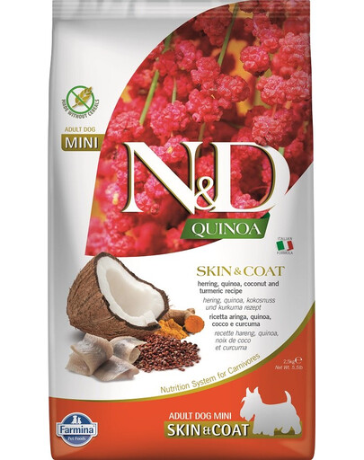 FARMINA N&D Quinoa Dog Skin&Coat Adult Mini herring, coconut 2,5 kg siļķe ir kokosrieksts