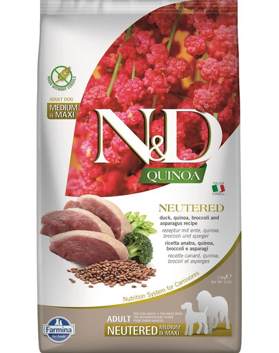 FARMINA N&D Quinoa Dog Neutered  Adult Madium & Maxi duck, broccoli & asparagus2,5 kg pīle, brokoļi un sparģeļi kastrētiem suņiem