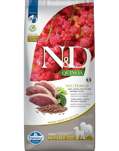 FARMINA N&D Quinoa Dog Neutred Adult Madium & Maxi duck, broccoli & asparagus 12 kg pīle, brokoļi un sparģeļi kastrētiem suņiem