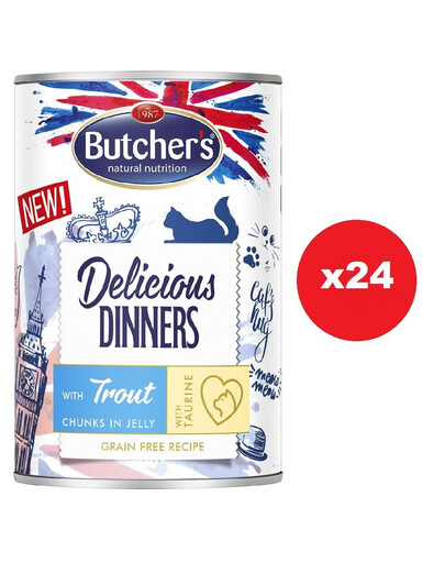 BUTCHER'S Delicious Dinners, barība kaķiem, gabaliņi ar foreli želejā, 400g