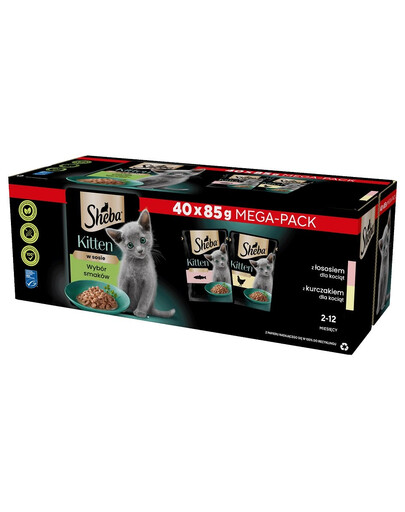SHEBA Kitten Selection of Flavours maisiņi 40x85 g mērces gabaliņos ar lasi, vistas gaļu kaķēniem