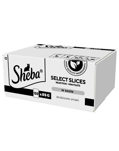 SHEBA Selection Select Slices Poultry Flavours maisiņi 120x85g mērces gabaliņos ar: pīles, vistas, mājputnu, pīles un tītara gaļu pieaugušiem kaķiem.