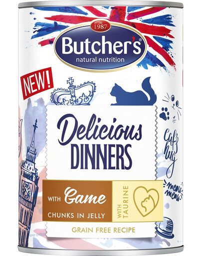 BUTCHER'S Delicious Dinners, barība kaķiem, gabaliņi ar brieža gaļu želejā, 400g