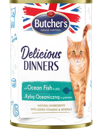 BUTCHER'S Delicious Dinners, barība kaķiem, gabaliņi ar jūras zivīm želejā, 400g