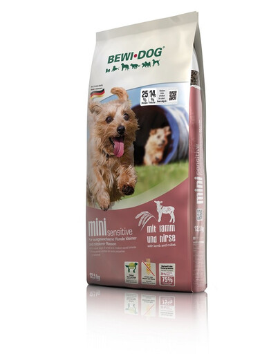 BEWI DOG Mini Sensitive 12,5 kg pieaugušiem mazo šķirņu suņiem ar jutīgu gremošanas sistēmu, ar jēra gaļu un prosu.