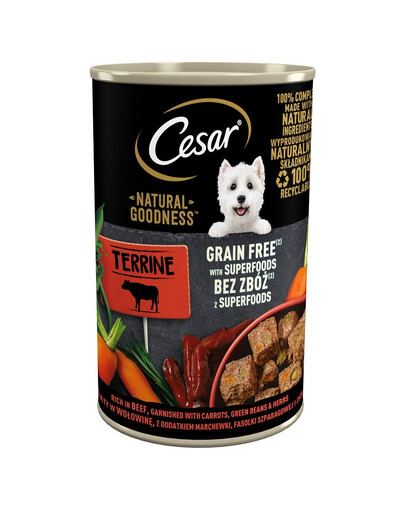 CESAR konservi 400g - mitra, pilnvērtīga barība pieaugušiem suņiem, bagāta ar liellopu gaļu, papildināta ar burkāniem, pupiņām un garšaugiem.