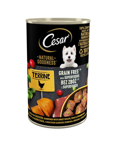 CESAR kanna 400g - pilnvērtīga, mitra barība pieaugušiem suņiem ar vistas gaļu, batātu, zirņiem un dzērvenēm