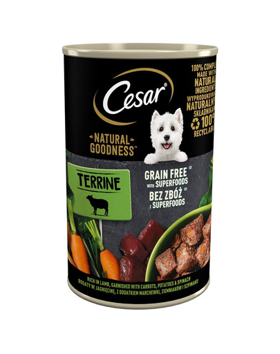 CESAR konservi 400g - mitra, pilnvērtīga barība pieaugušiem suņiem, bagāta ar jēra gaļu, ar burkānu, kartupeļu un spinātu piedevu.