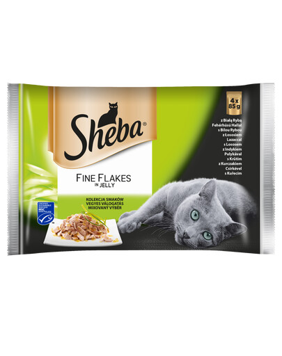 SHEBA 4x85g paciņa Fine Flakes in Jelly - kaķu barība želejā (ar baltajām zivīm, ar lasi, ar tītaru, ar vistas gaļu).