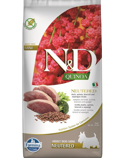 FARMINA N&D Quinoa Dog Neutere Adult Mini duck, broccoli & asparagus 7 kg, Barība ar pīli, brokoļiem un sparģeļiem kastrētiem suņiem