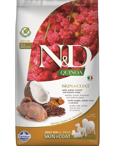 Farmina N&D Dog Quinoa Skin & Coat Quail 2.5 kg Paipalas, kvinoja, kokosrieksti un kurkuma - Atbalsta veselīgu ādu un kažoku.