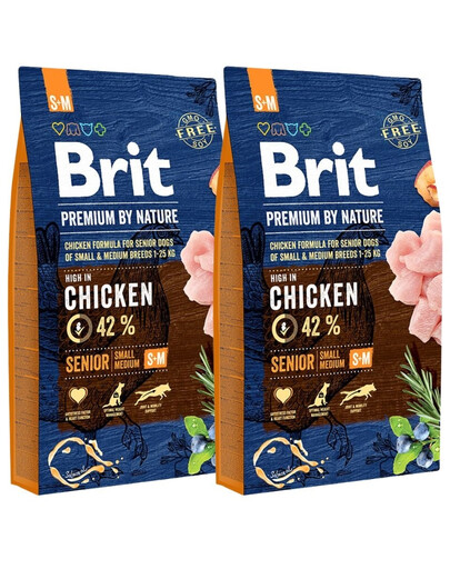 BRIT Premium By Nature Senior Small Medium S+M 16 kg (2 x 8 kg) Pilnvērtīga vistas barība mazo un vidējo šķirņu suņiem (1-25 kg), kas vecāki par 7 gadiem.