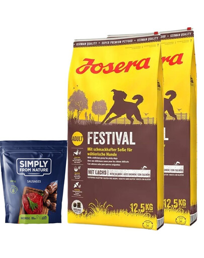 JOSERA Festival pieaugušiem suņiem 25kg (2x12,5kg) + SIMPLY FROM NATURE Dabīgas desas ar zirga gaļu 200g