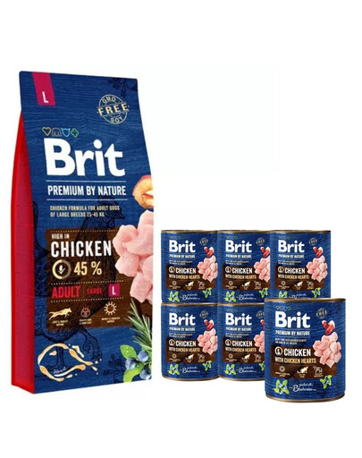 BRIT Premium By Nature Adult Large L 15 kg + 6 x 800 g BRIT mitrā barība ar vistas gaļu un sirdīm