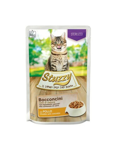 STUZZY Bocconcini Sterilized Chunks with Chicken 85g vistas gaļa mērcē pieaugušiem kaķiem pēc sterilizācijas