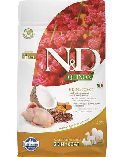 Farmina N&D Dog Quinoa Skin & Coat Quail 800 g Paipalas, kvinoja, kokosrieksts un kurkuma - ādas un apmatojuma veselībai.