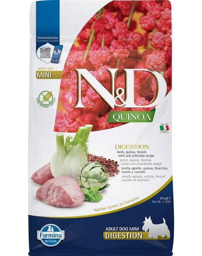 FARMINA N&D Quinoa Dog Adult Mini Digestion Grain Free jēra gaļa, kvinoja, fenhelis un artišoki 800g