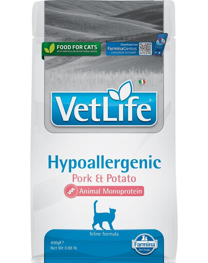 FARMINA VetLife Hypoallergenic Adult Pork diētiska barība kaķiem 400 g