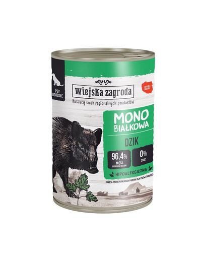 WIEJSKA ZAGRODA mežacūku monoproteīnu mitrā barība suņiem 400g