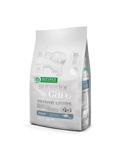 NATURES PROTECTION SUPERIOR CARE White Dogs Grain Free White Fish Adult Small and Mini Breeds 1,5 kg ar baltām zivīm maziem suņiem ar baltu kažoku