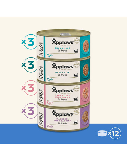 APPLAWS Cat Tin Multipack 12 x 70g Fish Collection mitrā kaķu barība ar zivīm