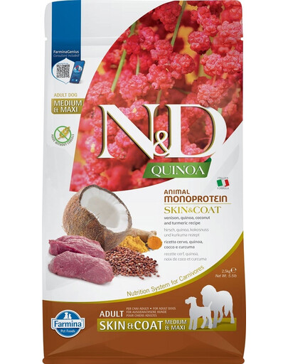 FARMINA N&D Quinoa Dog Adult Medium Maxi Skin and Coat Venison Coconut 2,5 kg vidējām un lielām šķirnēm.
