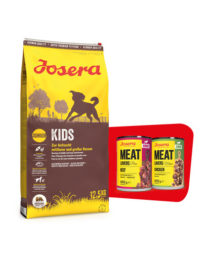 JOSERA Kids 12,5kg jauniem vidējo un lielo šķirņu suņiem + 2 x 400g Meat Lovers Junior GRATIS