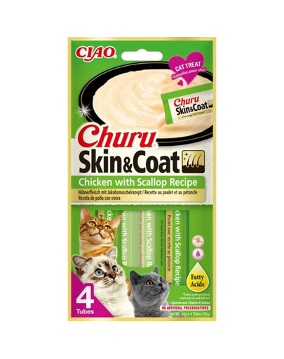INABA Churu Skin&Coat 4x14g ar vistas gaļu un ķemmīšgliemenēm kaķiem