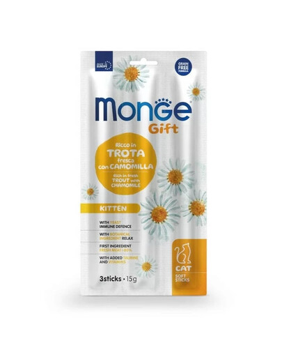 MONGE Gift Soft Sticks Kitten Forele ar kumelītēm 15 g