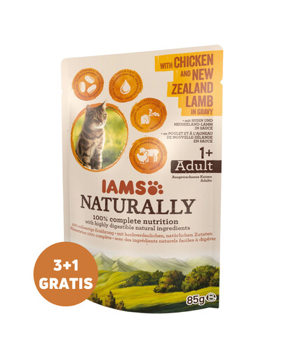 IAMS Naturally Chicken and Lamb in Gravy ar vistas un jēra gaļu mērcē 3 x 85 g + 1 BEZMAKSAS