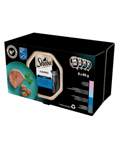 SHEBA Classics Fish Tastes paplātes 8x85g ar lasi, balto zivi un burkāniem, tunci un dārzeņiem, mencu un mencu