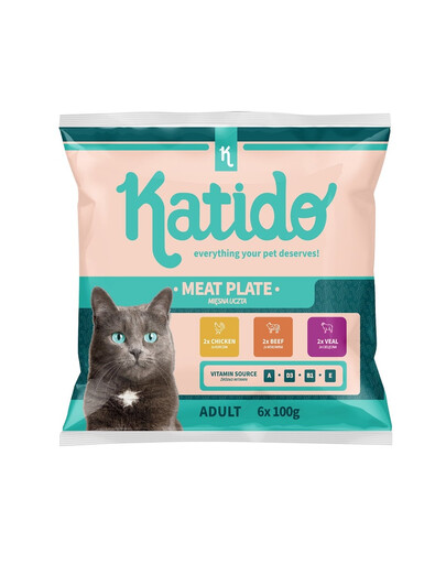KATIDO paciņas kaķiem 6x100g vistas, teļa gaļas, liellopa gaļas mērcē