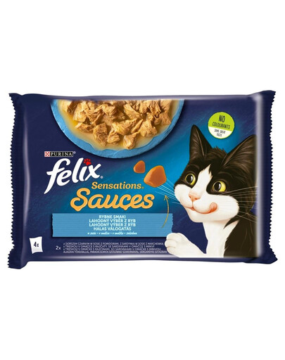FELIX Sensations Sauce Zivju garšas mērcē (melnā menca ar tomātiem, sardīne ar burkāniem) 4x85g mitrā barība
