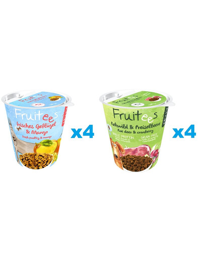 BOSCH Fruitees Mājputnu gaļa un mango + briežu gaļa un dzērvenes suņiem 8 x 200 g