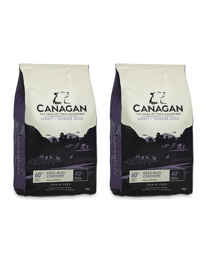 CANAGAN Dog Senior Light Free-Range Chicken 24 kg (2 x 12 kg) sausas maistas vyresnio amžiaus, kastruotiems ir antsvorį turintiems šunims