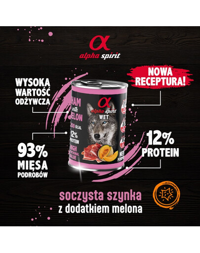 ALPHA SPIRIT Pilnvērtīga mitrā barība pieaugušiem suņiem, Šķiņķis ar meloni 400g