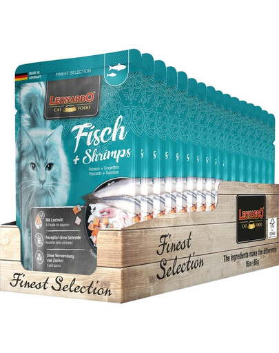 LEONARDO Finest Selection Zivis un garneles kaķiem 16 x 85 g zivju ēdienkarte